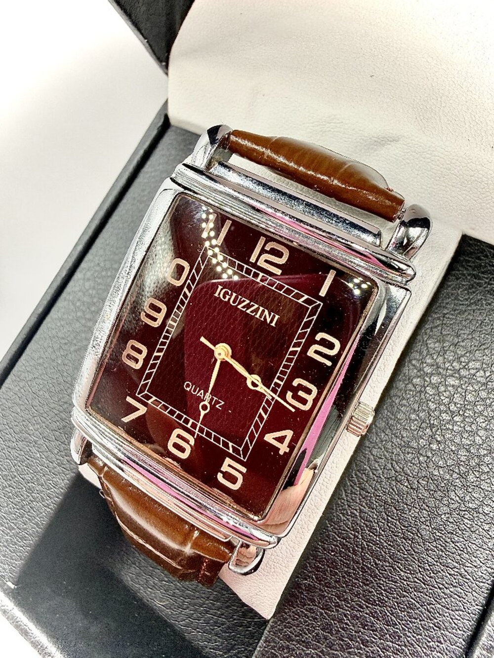 IGUZZINI Quartz Rectangle Analog Watch Brown Leather Strap Silver 34.1mm